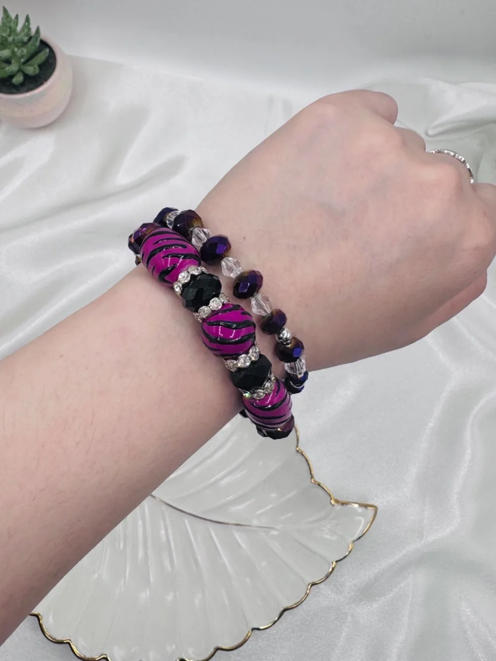 Pink Purple Zebra Print Beaded Bracelet Set Glam Sparkly Jewelry
